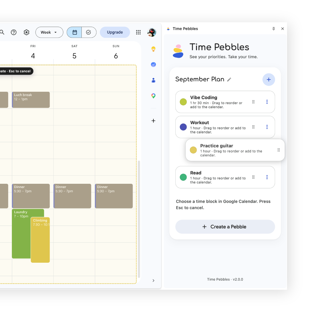 Time Pebbles keeps recurring priorities visible in a Google Calendar side panel
