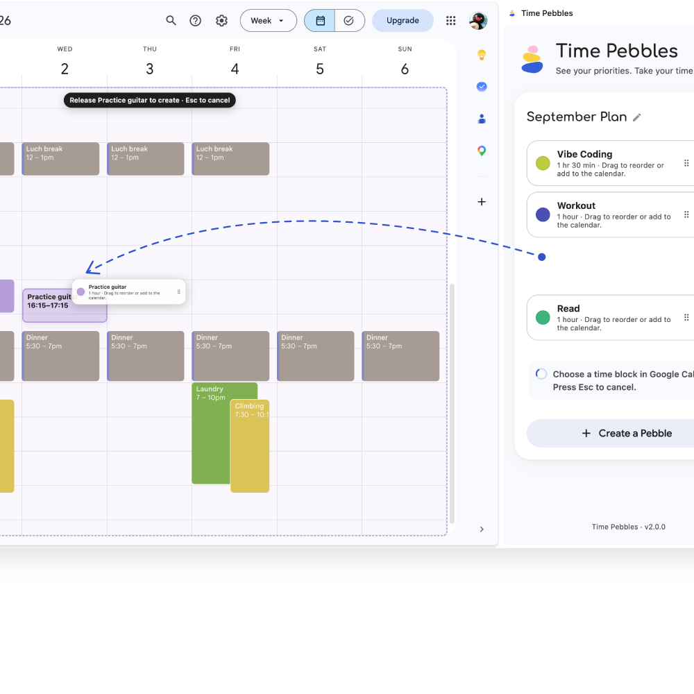 A Time Pebble being placed into an open time in Google Calendar